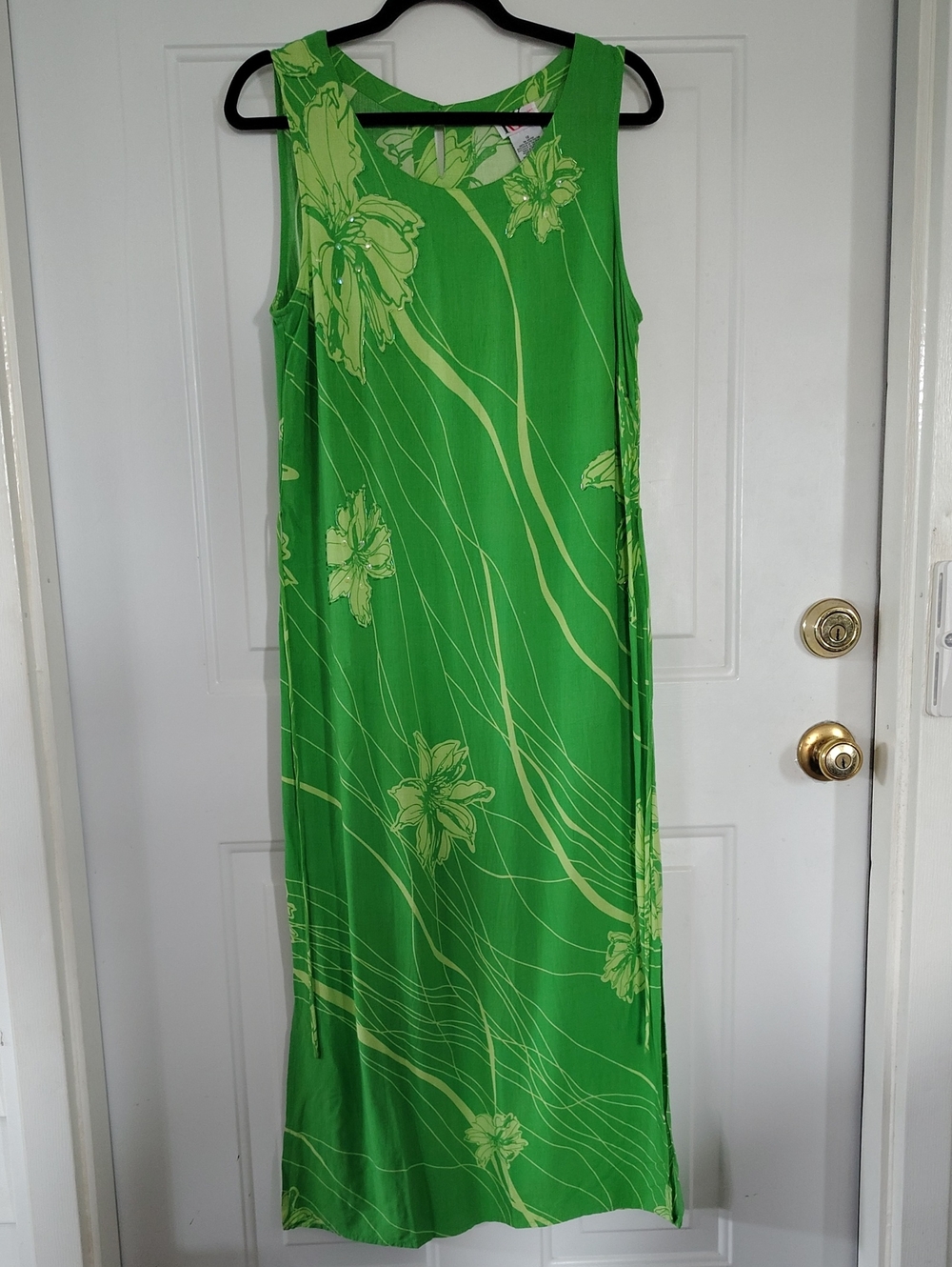 Y2K Vacation Beaded Bright Green Floral Sleeveless Maxi Dress Size 12